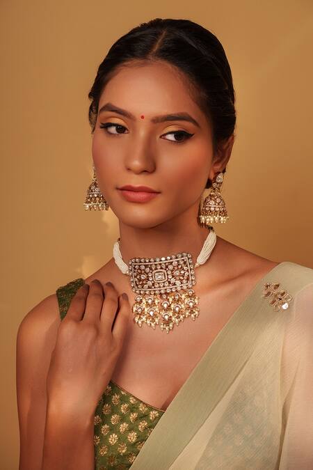 Zevar By Geeta_Gold Plated Pearls, Piping, Beads Floral Kundan Polki Choker And Earring Set _Online_at_Aza_Fashions