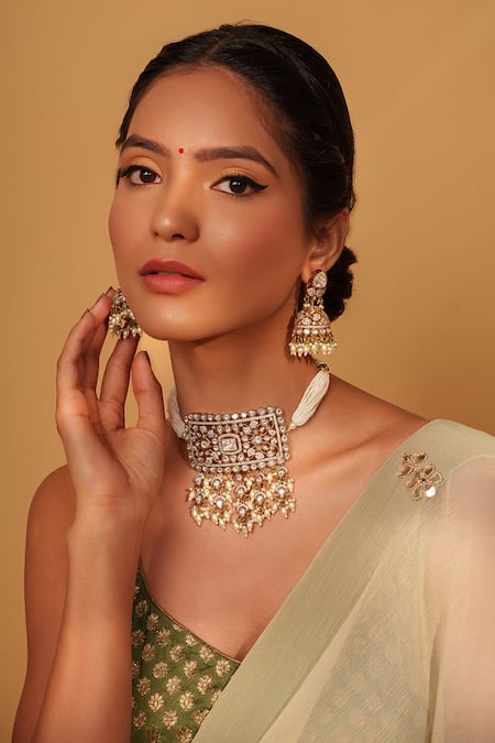 Zevar By Geeta Floral Kundan Polki Choker & Earring Set