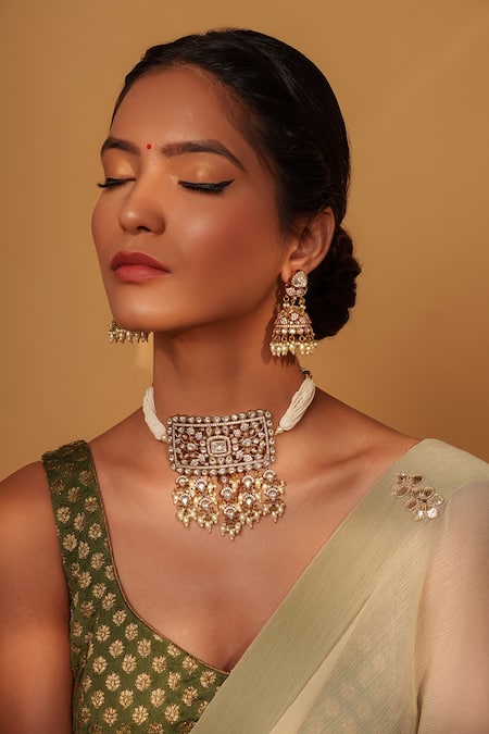 Shop_Zevar By Geeta_Gold Plated Pearls, Piping, Beads Floral Kundan Polki Choker And Earring Set _Online_at_Aza_Fashions