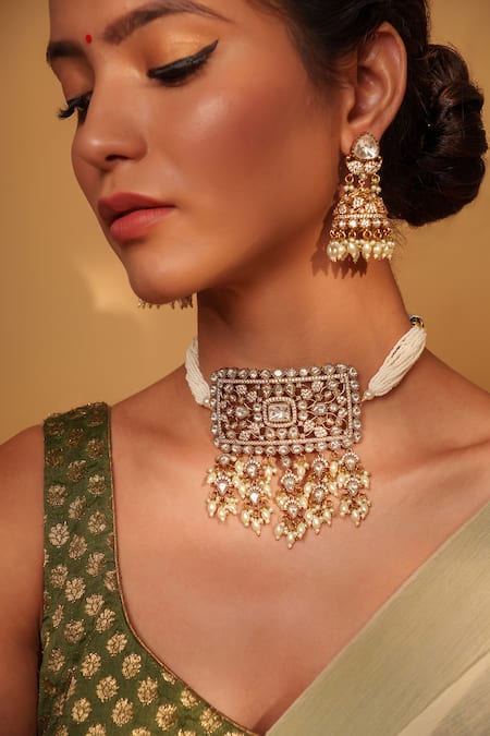 Zevar By Geeta_Gold Plated Pearls, Piping, Beads Floral Kundan Polki Choker And Earring Set _at_Aza_Fashions