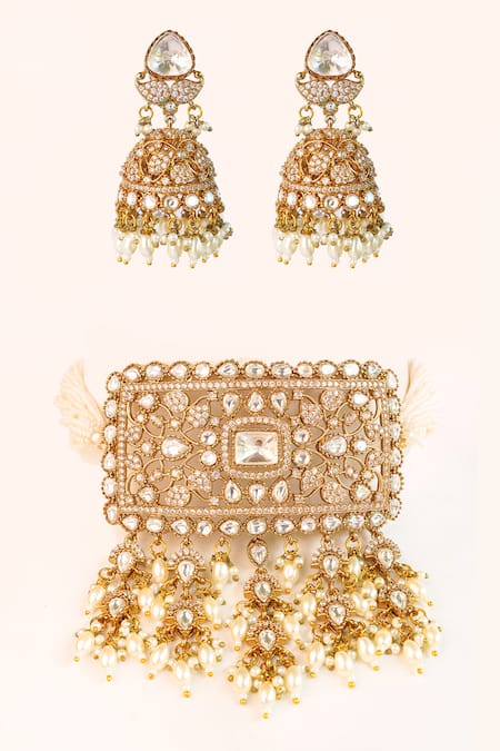 Zevar By Geeta Floral Kundan Polki Choker & Earring Set