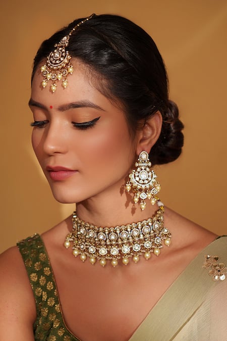 Zevar By Geeta_Gold Plated Pearls, Piping Floral Polki Embellished Jewellery Set _Online_at_Aza_Fashions