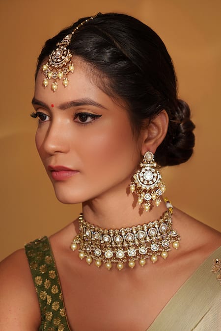 Buy_Zevar By Geeta_Gold Plated Pearls, Piping Floral Polki Embellished Jewellery Set _Online_at_Aza_Fashions