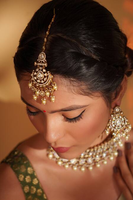 Shop_Zevar By Geeta_Gold Plated Pearls, Piping Floral Polki Embellished Jewellery Set _Online_at_Aza_Fashions