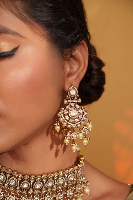 Zevar By Geeta_Gold Plated Pearls, Piping Floral Polki Embellished Jewellery Set _at_Aza_Fashions