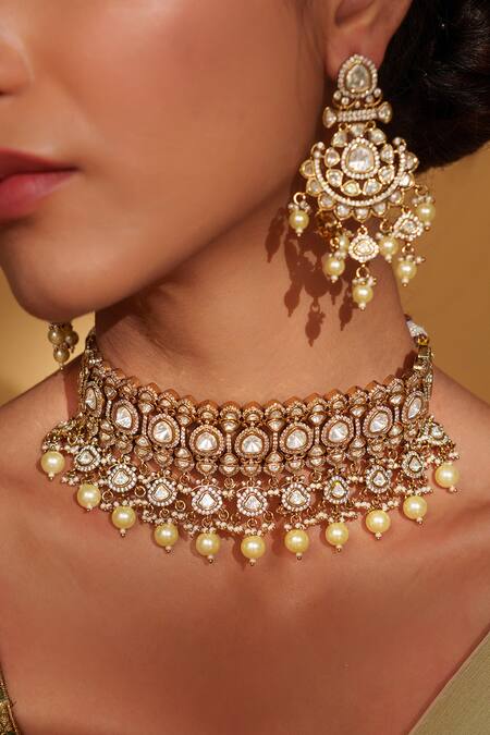 Buy_Zevar By Geeta_Gold Plated Pearls, Piping Floral Polki Embellished Jewellery Set 
