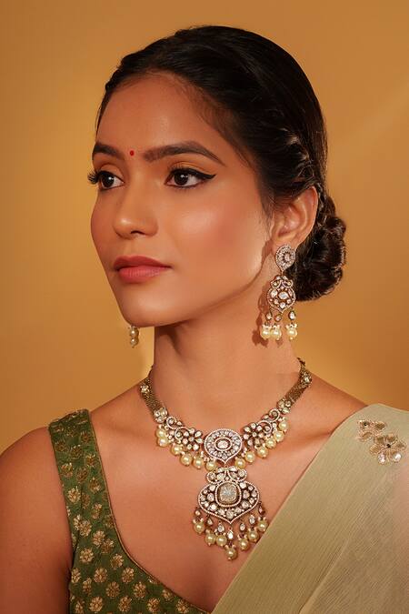 Shop Zevar By Geeta Gold Plated Pearls, Piping Floral Cutwork Kundan Necklace Set Online at Aza Fashions Shop_Zevar By Geeta_Gold Plated Pearls, Piping Floral Cutwork Kundan Necklace Set _Online_at_Aza_Fashions