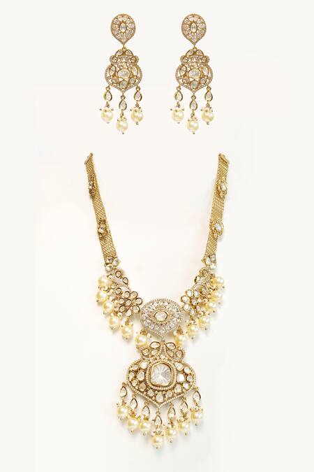 Shop Zevar By Geeta Gold Plated Pearls, Piping Floral Cutwork Kundan Necklace Set at Aza Fashions Shop_Zevar By Geeta_Gold Plated Pearls, Piping Floral Cutwork Kundan Necklace Set _at_Aza_Fashions