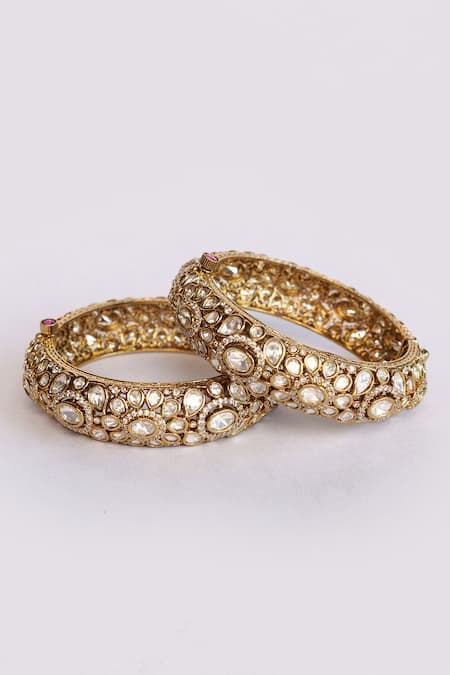 Zevar By Geeta Gold Kundan Polki Embellished Bangles Set 