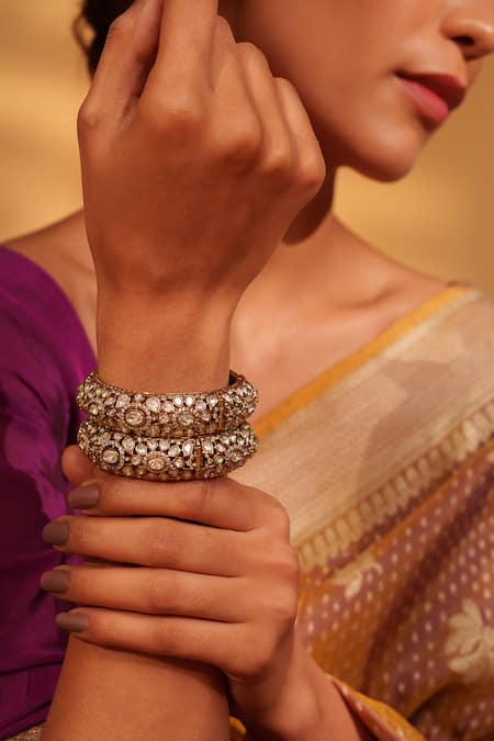 Shop Zevar By Geeta Gold Plated Diamonds, Stones Kundan Polki Embellished Bangles Set Online at Aza Fashions Shop_Zevar By Geeta_Gold Plated Diamonds, Stones Kundan Polki Embellished Bangles Set _Online_at_Aza_Fashions