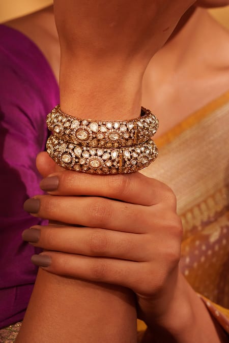 Zevar By Geeta Gold Plated Diamonds, Stones Kundan Polki Embellished Bangles Set at Aza Fashions Zevar By Geeta_Gold Plated Diamonds, Stones Kundan Polki Embellished Bangles Set _at_Aza_Fashions