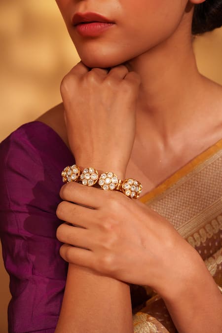 Zevar By Geeta_Gold Plated Imitation Diamonds Floral Carved Moissanite Bracelet _Online_at_Aza_Fashions