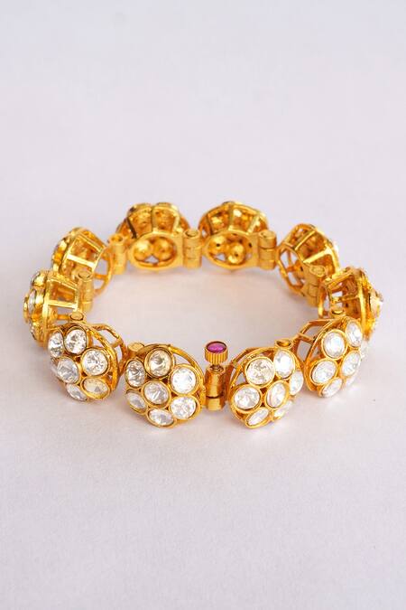Buy_Zevar By Geeta_Gold Plated Imitation Diamonds Floral Carved Moissanite Bracelet _Online_at_Aza_Fashions