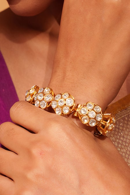 Shop_Zevar By Geeta_Gold Plated Imitation Diamonds Floral Carved Moissanite Bracelet _Online_at_Aza_Fashions