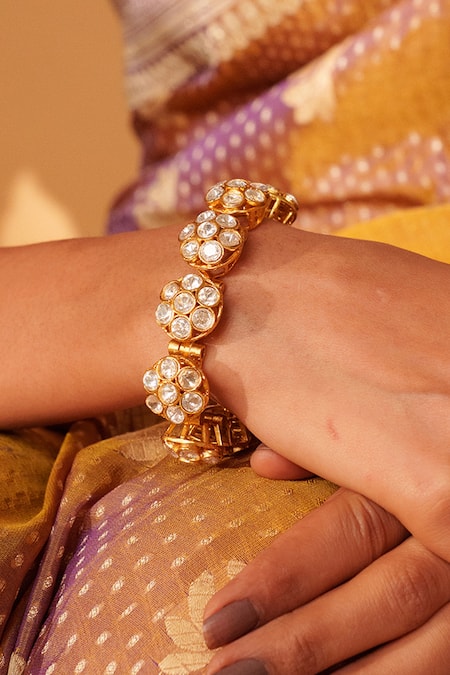 Zevar By Geeta_Gold Plated Imitation Diamonds Floral Carved Moissanite Bracelet _at_Aza_Fashions