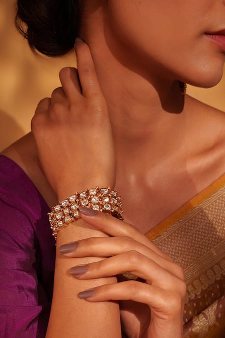 Buy_Zevar By Geeta_Gold Plated Imitation Diamonds Polki Kundan Embellished Bracelet _Online_at_Aza_Fashions