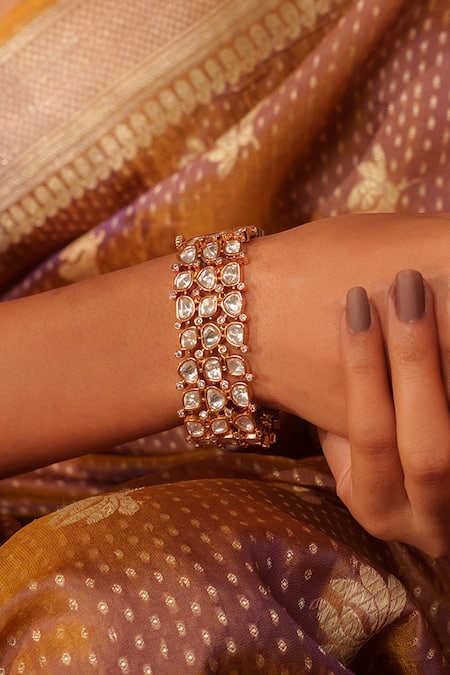Shop_Zevar By Geeta_Gold Plated Imitation Diamonds Polki Kundan Embellished Bracelet _Online_at_Aza_Fashions