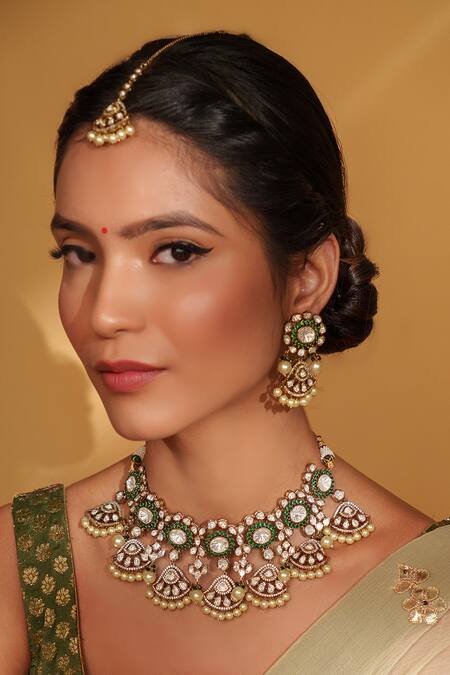 Shop_Zevar By Geeta_Gold Plated Pearls Floral Cutwork Kundan Jewellery Set _Online_at_Aza_Fashions