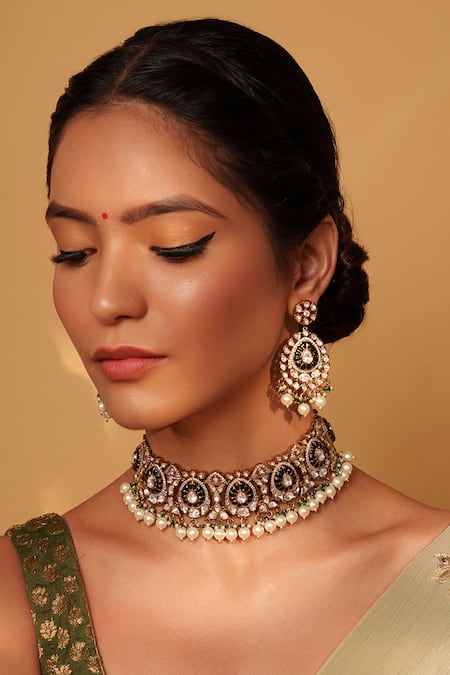 Buy Zevar By Geeta Green Pearls, Stones, Piping, Zari Floret Cutwork Choker Set Online at Aza Fashions Buy_Zevar By Geeta_Green Pearls, Stones, Piping, Zari Floret Cutwork Choker Set _Online_at_Aza_Fashions