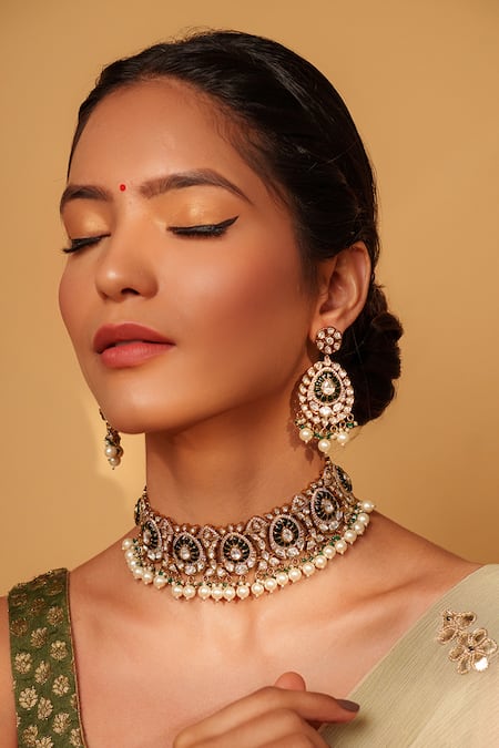 Shop Zevar By Geeta Green Pearls, Stones, Piping, Zari Floret Cutwork Choker Set Online at Aza Fashions Shop_Zevar By Geeta_Green Pearls, Stones, Piping, Zari Floret Cutwork Choker Set _Online_at_Aza_Fashions