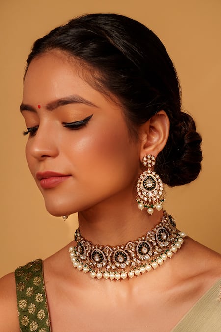 Zevar By Geeta Green Pearls, Stones, Piping, Zari Floret Cutwork Choker Set at Aza Fashions Zevar By Geeta_Green Pearls, Stones, Piping, Zari Floret Cutwork Choker Set _at_Aza_Fashions
