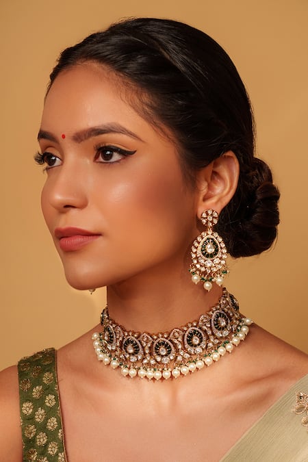 Zevar By Geeta Green Pearls, Stones, Piping, Zari Floret Cutwork Choker Set 