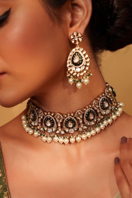 Buy Zevar By Geeta Green Pearls, Stones, Piping, Zari Floret Cutwork Choker Set Buy_Zevar By Geeta_Green Pearls, Stones, Piping, Zari Floret Cutwork Choker Set