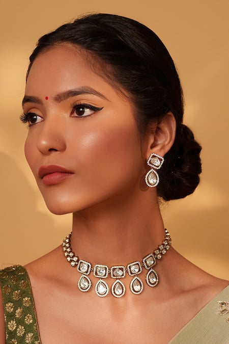 Shop Zevar By Geeta Gold Plated Zari Geometric Polki Kundan Choker Set Online at Aza Fashions Shop_Zevar By Geeta_Gold Plated Zari Geometric Polki Kundan Choker Set _Online_at_Aza_Fashions