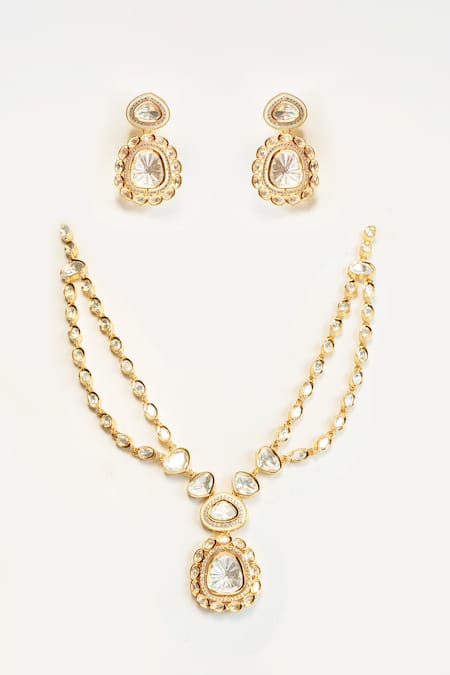 Shop Zevar By Geeta Gold Plated Zari, Stones Polki Kundan Necklace And Earrings Set at Aza Fashions Shop_Zevar By Geeta_Gold Plated Zari, Stones Polki Kundan Necklace And Earrings Set _at_Aza_Fashions