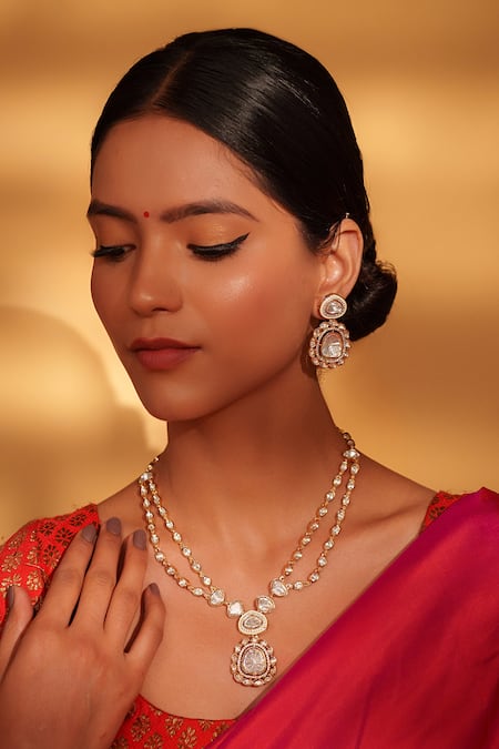 Buy Zevar By Geeta Gold Plated Zari, Stones Polki Kundan Necklace And Earrings Set Online at Aza Fashions Buy_Zevar By Geeta_Gold Plated Zari, Stones Polki Kundan Necklace And Earrings Set _Online_at_Aza_Fashions