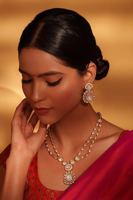 Shop Zevar By Geeta Gold Plated Zari, Stones Polki Kundan Necklace And Earrings Set Online at Aza Fashions Shop_Zevar By Geeta_Gold Plated Zari, Stones Polki Kundan Necklace And Earrings Set _Online_at_Aza_Fashions