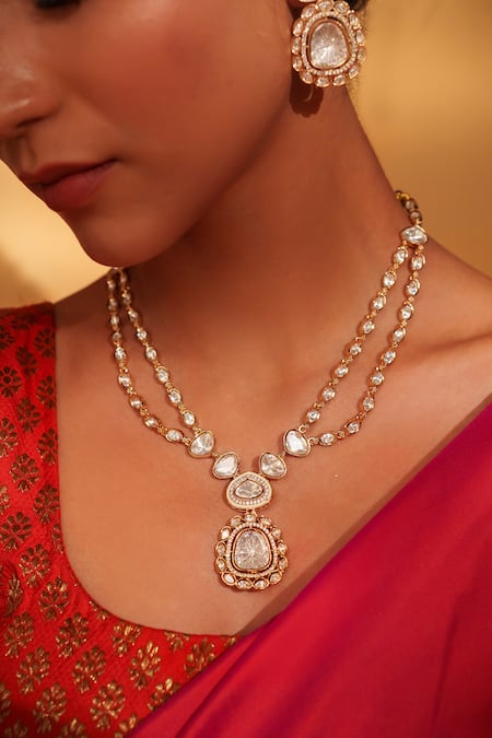 Zevar By Geeta Gold Plated Zari, Stones Polki Kundan Necklace And Earrings Set at Aza Fashions Zevar By Geeta_Gold Plated Zari, Stones Polki Kundan Necklace And Earrings Set _at_Aza_Fashions