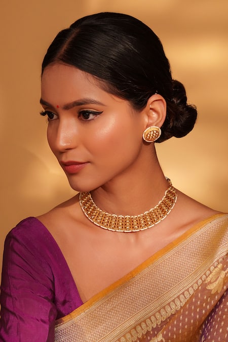 Zevar By Geeta_Gold Plated Pearls, Stones Studded Temple Choker Set _Online_at_Aza_Fashions