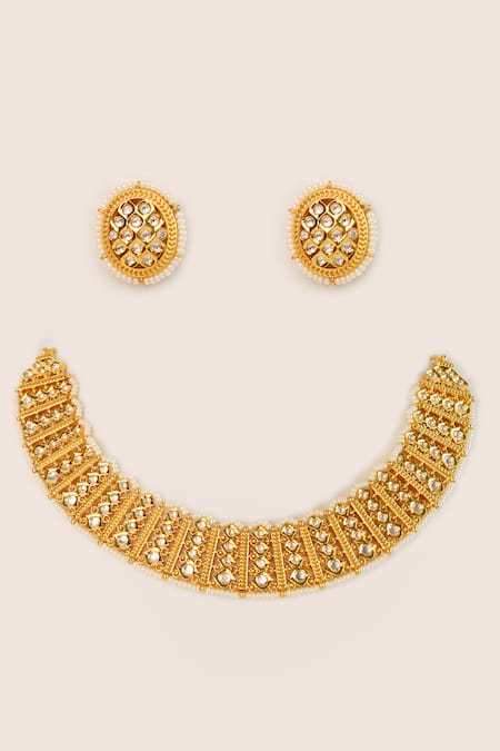 Zevar By Geeta Gold Stone Studded Temple Choker Set 