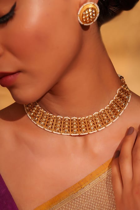 Shop_Zevar By Geeta_Gold Plated Pearls, Stones Studded Temple Choker Set _Online_at_Aza_Fashions