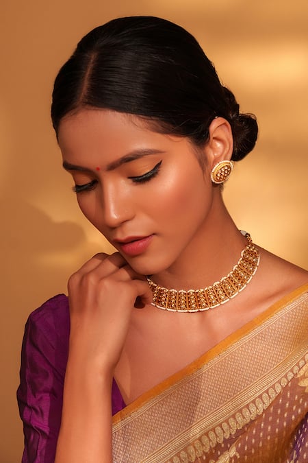 Zevar By Geeta_Gold Plated Pearls, Stones Studded Temple Choker Set _at_Aza_Fashions