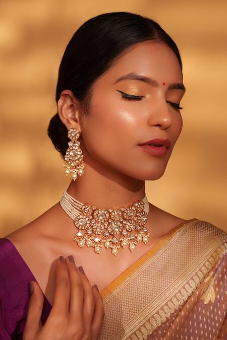 Buy_Zevar By Geeta_Gold Plated Pearls, Piping Polki Studded Choker Set _Online_at_Aza_Fashions