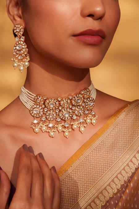 Shop_Zevar By Geeta_Gold Plated Pearls, Piping Polki Studded Choker Set _Online_at_Aza_Fashions