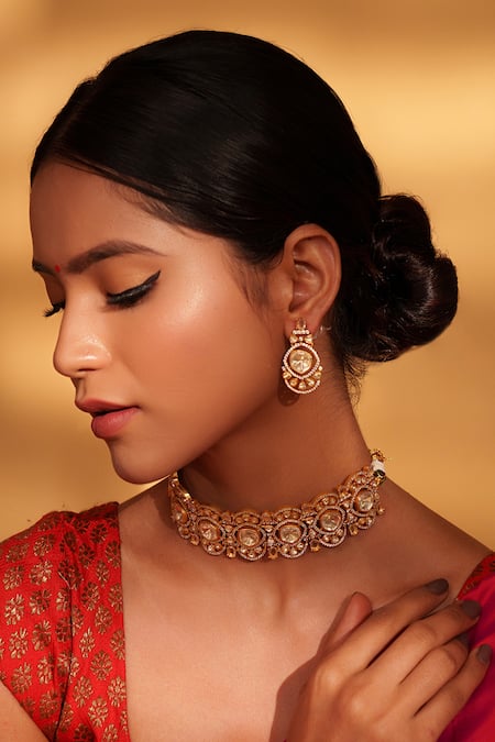 Zevar By Geeta_Gold Plated Stones Moissanite Studded Choker Set_Online_at_Aza_Fashions