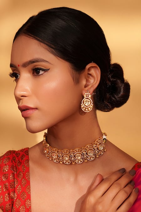 Buy_Zevar By Geeta_Gold Plated Stones Moissanite Studded Choker Set_Online_at_Aza_Fashions