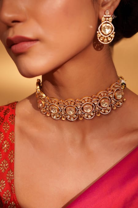 Shop_Zevar By Geeta_Gold Plated Stones Moissanite Studded Choker Set_Online_at_Aza_Fashions
