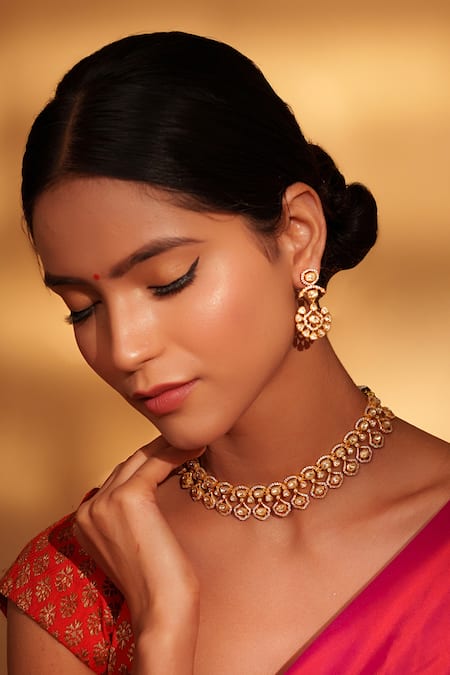 Zevar By Geeta_Gold Plated Stones Floral Drop Moissanite Choker Set _Online_at_Aza_Fashions