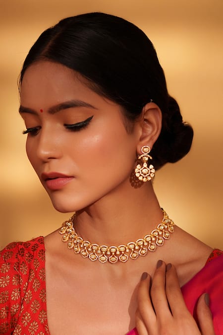 Buy_Zevar By Geeta_Gold Plated Stones Floral Drop Moissanite Choker Set _Online_at_Aza_Fashions