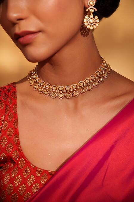 Zevar By Geeta_Gold Plated Stones Floral Drop Moissanite Choker Set _at_Aza_Fashions