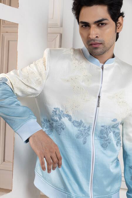 Smriti By Anju Agarwal Sky Blue Linen, Satin Beads Floral Embroidered Bomber Jacket Online at Aza Fashions Smriti By Anju Agarwal_Sky Blue Linen, Satin Beads Floral Embroidered Bomber Jacket _Online_at_Aza_Fashions