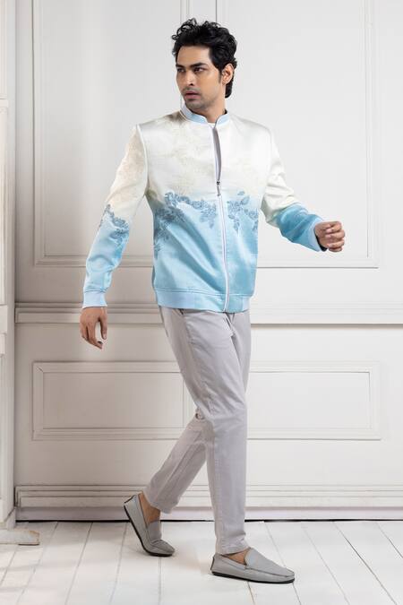 Buy Smriti By Anju Agarwal Sky Blue Linen, Satin Beads Floral Embroidered Bomber Jacket Online at Aza Fashions Buy_Smriti By Anju Agarwal_Sky Blue Linen, Satin Beads Floral Embroidered Bomber Jacket _Online_at_Aza_Fashions