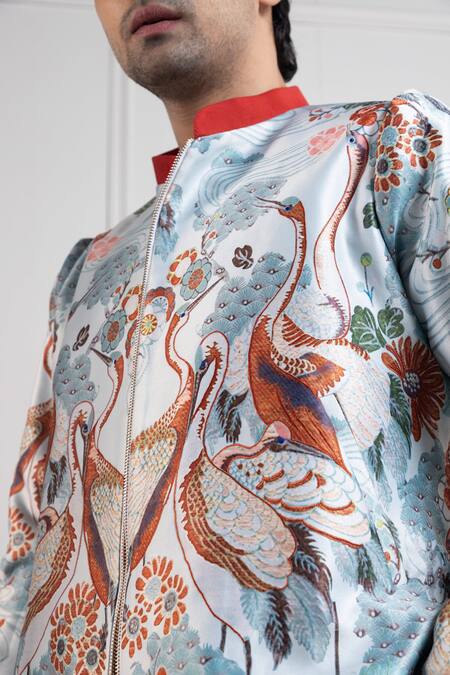 Smriti By Anju Agarwal Multi Color Satin Embroidery Crane Print Bomber Jacket Online at Aza Fashions Smriti By Anju Agarwal_Multi Color Satin Embroidery Crane Print Bomber Jacket _Online_at_Aza_Fashions