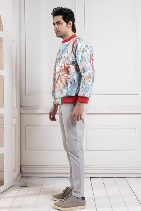 Buy Smriti By Anju Agarwal Multi Color Satin Embroidery Crane Print Bomber Jacket Online at Aza Fashions Buy_Smriti By Anju Agarwal_Multi Color Satin Embroidery Crane Print Bomber Jacket _Online_at_Aza_Fashions