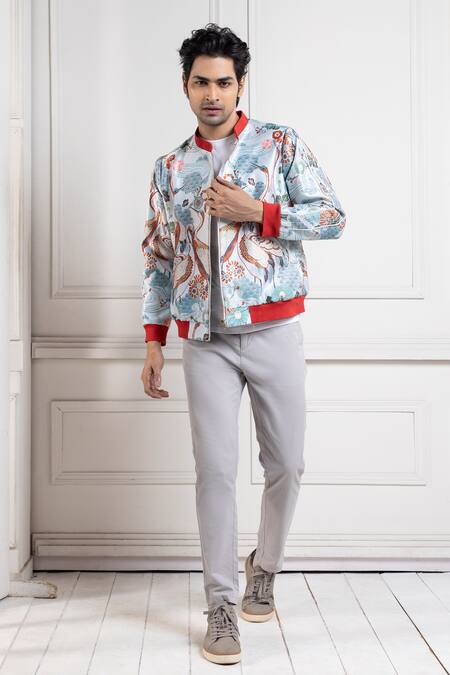 Shop Smriti By Anju Agarwal Multi Color Satin Embroidery Crane Print Bomber Jacket Online at Aza Fashions Shop_Smriti By Anju Agarwal_Multi Color Satin Embroidery Crane Print Bomber Jacket _Online_at_Aza_Fashions