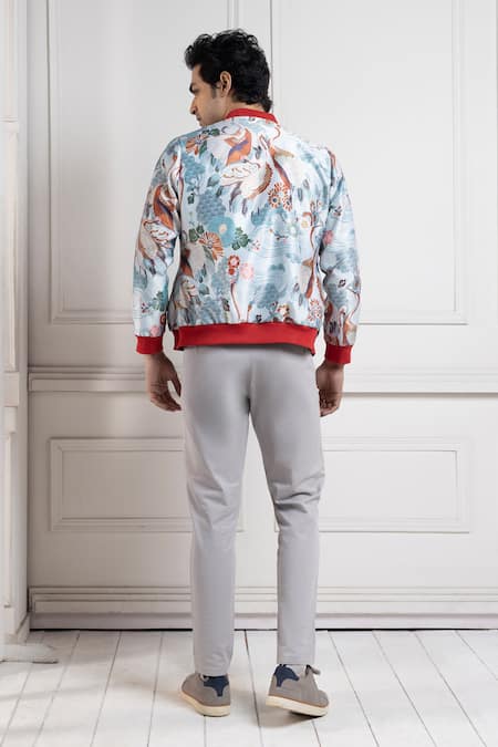 Shop Smriti By Anju Agarwal Multi Color Satin Embroidery Crane Print Bomber Jacket at Aza Fashions Shop_Smriti By Anju Agarwal_Multi Color Satin Embroidery Crane Print Bomber Jacket _at_Aza_Fashions